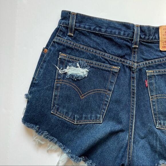Vintage Levi’s Jean Shorts 30" Custom Distressed High Rise Blue Denim Dark Wash - Picture 7 of 13